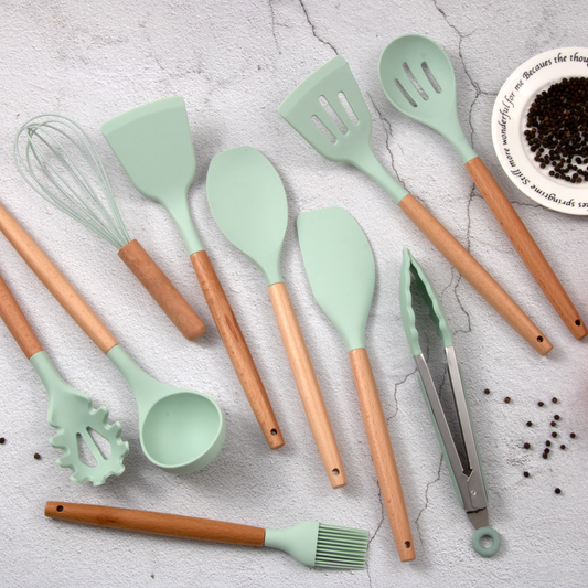 Juego De 12 Piezas Utensilios Cocina Con Mango De Madera