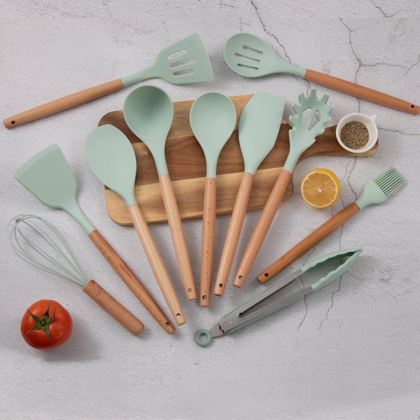 Juego De 12 Piezas Utensilios Cocina Con Mango De Madera